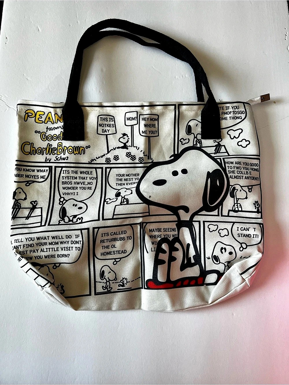 Peanuts Snoopy Comic Strip Tote in White & Black